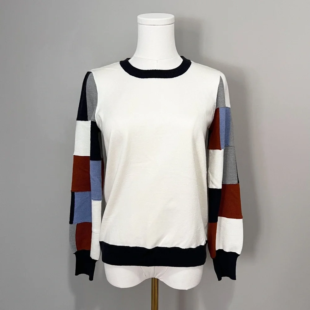Ecru Colorblock Checkered Sleeve Sweater Size S - Picture 1 of 7
